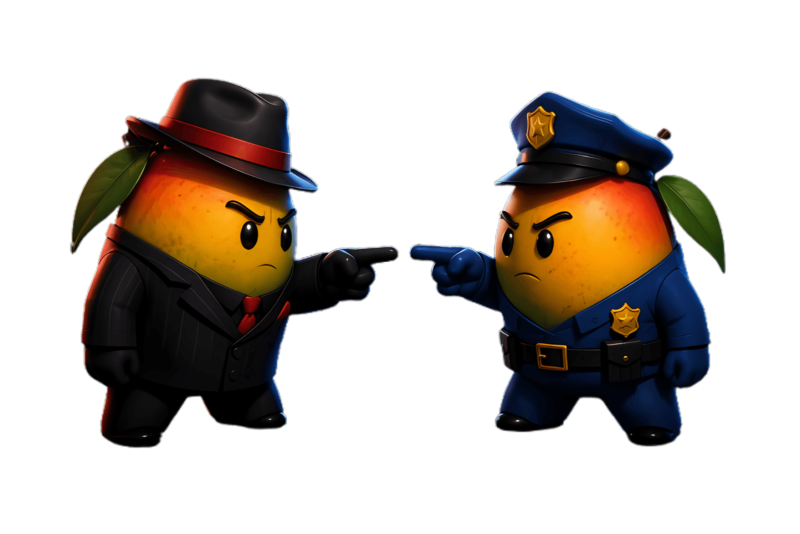 A Mafia mango in a fedora and a Police Officer mango pointing at each other